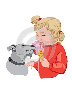 Blonde kid in red sweater eating ice cream with her dog