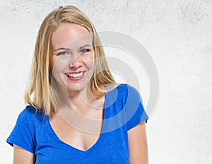 Blonde Lady Portrait Concrete Wall Background Concept