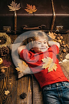 Blonde little boy resting with leaf on stomach lies on wooden floor in autumn leaves. Kid playing in autumn. Child