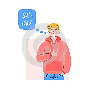 Blonde man showing thumb up and saying OK, flat cartoon vector illustration.