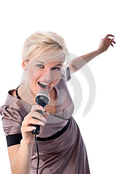 Blonde with mic isolated in white