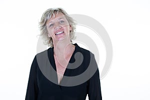 Blonde middle aged senior happy smile beautiful woman blond on copy space white background