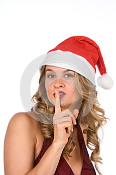 Blonde Mrs Santa Claus ask for silence please!