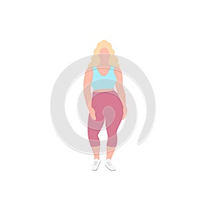 Blonde nice plump woman with curvy body, girl in a trendy fashion sportive clothes, flat vector illustration. Fullsize