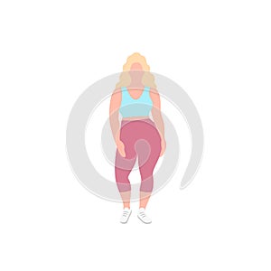 Blonde nice plump woman with curvy body, girl in a trendy fashion sportive clothes, flat vector illustration. Fullsize photo