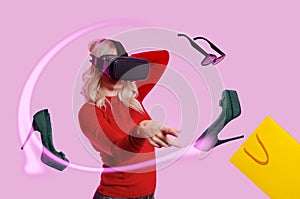 Blonde ordering fashion items online via VR goggles