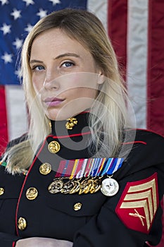 Blonde Patriotic Model Posing Outdoors
