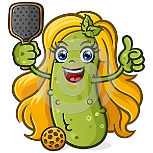 Cute blonde girl pickle cartoon character playing pickleball photo