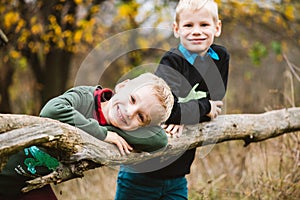 Blonde preteen brothers posing at autumn park
