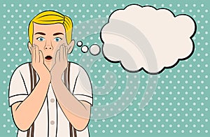 Blonde retro boy surprised.