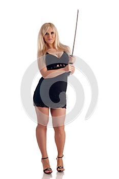 Blonde with a sabre in hands looks at you