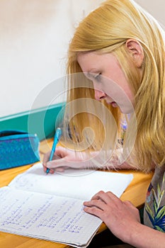Blonde schoolgirl making homework photo