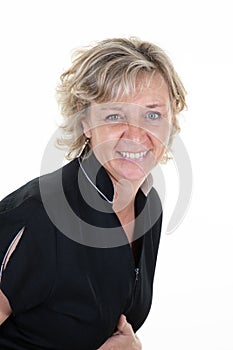 Blonde senior aged mature woman smiling happy on white background