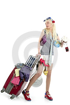 Blonde shopping girl vacation suitcase fu