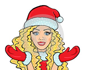 Blonde Snow Maiden woman smiling face in red costume isolated on white background, pop art comic style vector illustration