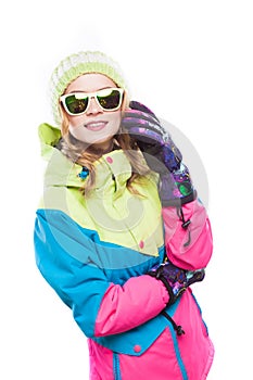 Blonde snowboard girl in sunglasses