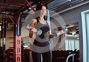 Blonde sportive female in sportswear doing exercise on biceps with dumbbells in a fitness club or gym.