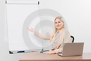 a blonde in a suit in an office with a board for meetings, desktop and laptop