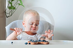 Blonde toddler boy eating Yummy blueberries wooden spoon on highchair close-up and copy space