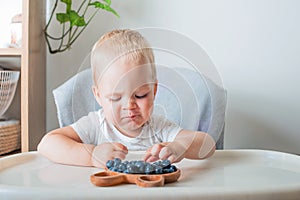 Blonde toddler boy eating Yummy blueberries wooden spoon on highchair close-up and copy space