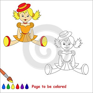 Blonde toy doll in orange dress and red hat.