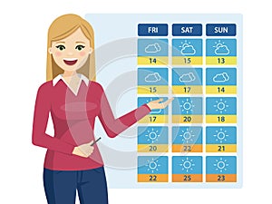 Blonde weatherwoman smiling in a weather presentation. Vector illustration