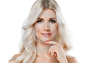 Blonde Woman Beautiful Portrait. Cosmetic concept, platinum Blond Hair Model Girl with manicure.