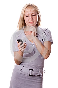 Blonde woman with cell phone isolated. #1