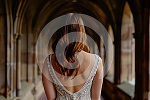 Blonde woman in elegant white dress in the captivating ambiance of a magnificent cathedral