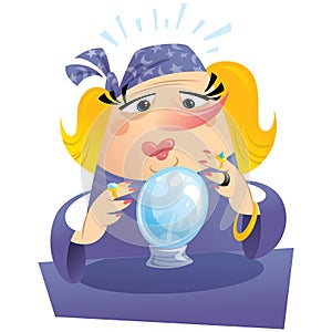 Blonde woman fortuneteller with crystal ball predicting the future