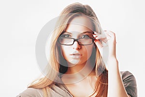 blonde woman with glasses isolated