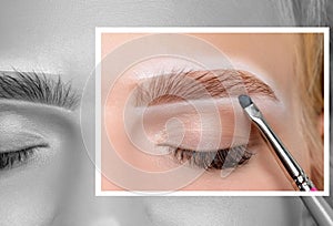 Blonde woman having permanent make-up tattoo on her eyebrows. Closeup beautician doing tattooing eyebrow. Green eyes close up.