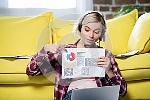 Blonde woman having webinar and pointing