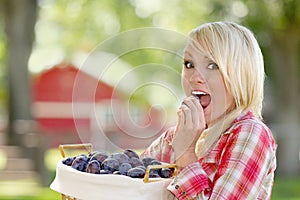 A Blonde Woman Holding a Basket of Plums