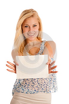 Blonde woman holding a blank white board in her hands for promotion photo