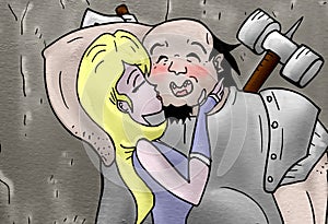 Blonde woman kissing a fat warrior