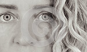 Blonde woman portrait, monochrome. Girl portrait with curly hair, closeup. Natural face with wrinlkes. Gazing woman. photo