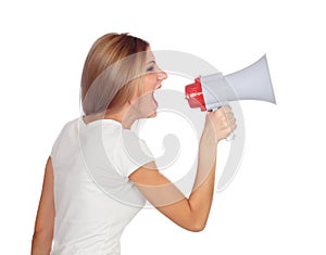 Blonde woman shouting with a megaphone