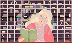 Blonde Woman Sitting and Reading Book Library