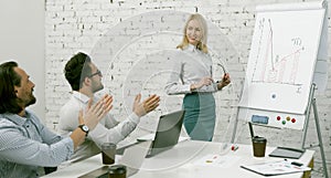 Blonde woman stands near white board with graphs and diagrams on it. Male colleagues applaud to support her presentation