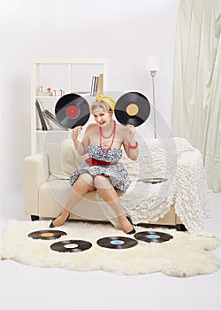 Blonde woman with vinyls