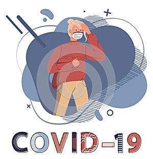 Blonde woman wearing face medical mask at background of abstract vector elements, concept of covid19