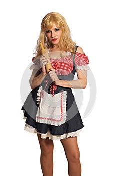 Blonde Woman Wearing Retro Dress Holding Rolling Pin, Isolated