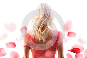 Blonde Woman Wearing a Soft Red Silk Dress Looking Like a Rose Flower