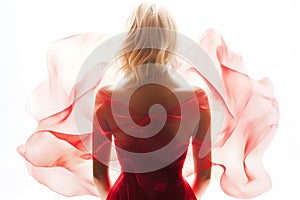 Blonde Woman Wearing a Soft Red Silk Dress Looking Like a Rose Flower