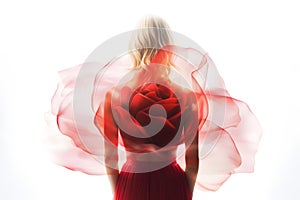 Blonde Woman Wearing a Soft Red Silk Dress Looking Like a Rose Flower