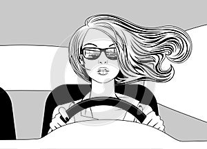 Blonde young woman with flowing hair and holding the steering wheel inside while driving a car