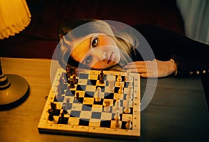 A blonde young woman resting her head on a table that houses a chessboard, with a glowing lamp also present. Home comfort and a