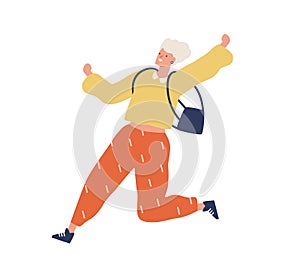 Blonde young woman in trendy clothes running fast. Enthusiastic modern female character in a hurry. Flat vector cartoon