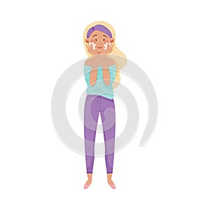Blonde Young Woman Using Cosmetic Cleansing Gel or Facial Wash to Clean Her Face Vector Illustration